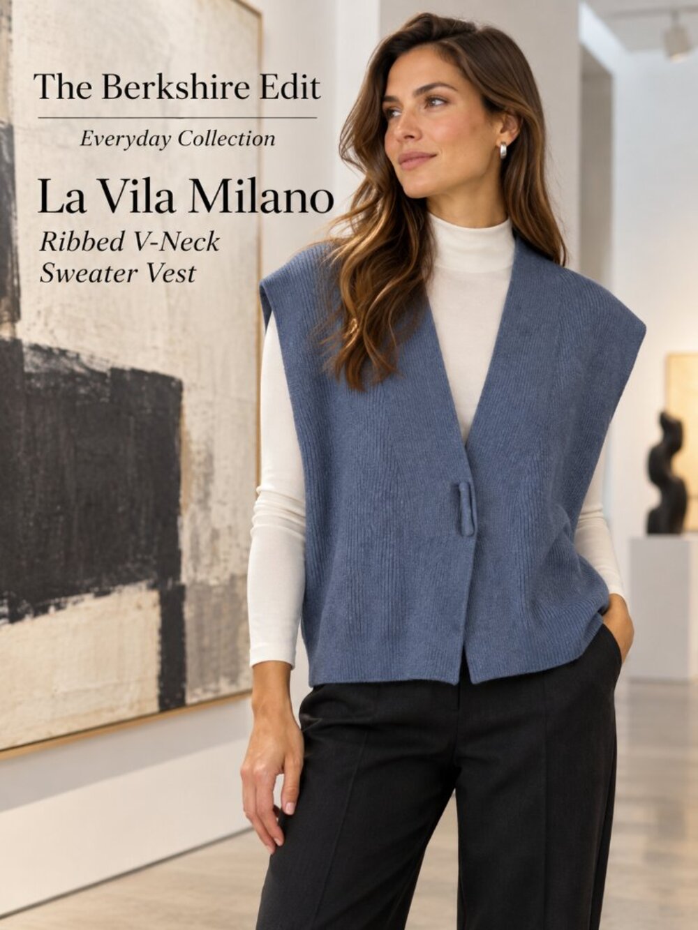 La Vila Milano Blue Ribbed Sweater Vest Oversized V Neck Knit Medium